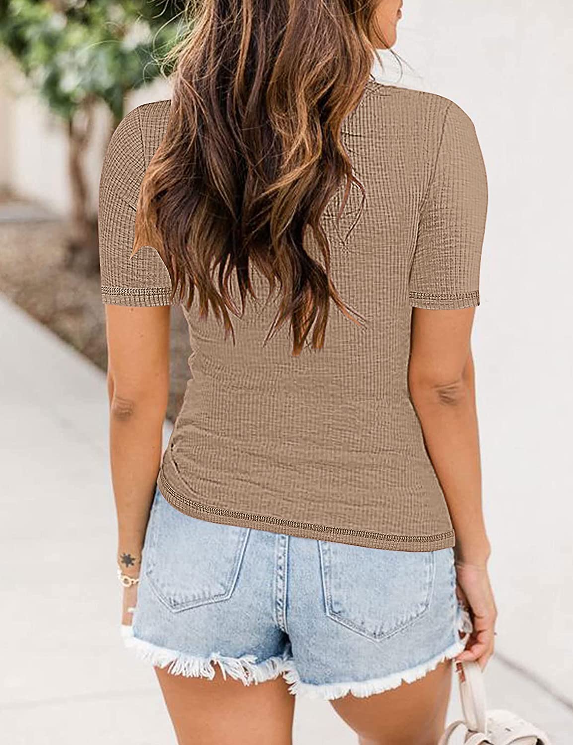 PIIRESO Women's Short Sleeve Button Scoop Neck Ribbed Shirts Summer Casual Solid Color Henley Top - Image 2